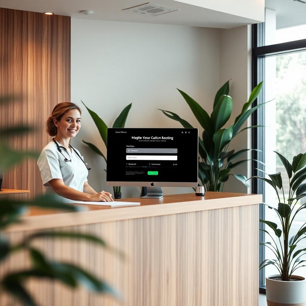 Friendly receptionist in a modern Perth medical clinic with online booking displayed