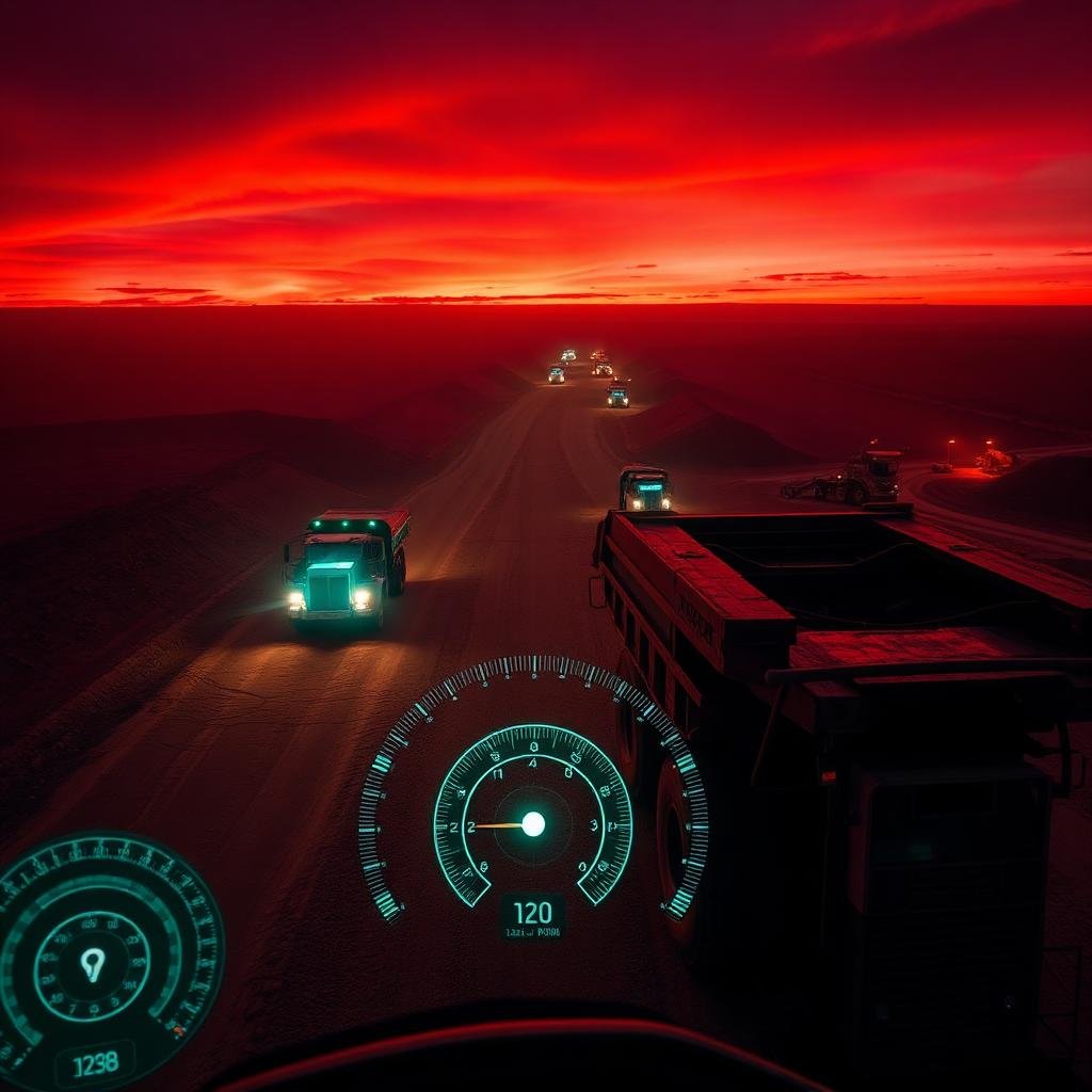 WA iron ore mining operation at dusk with mint-green dashboard overlay
